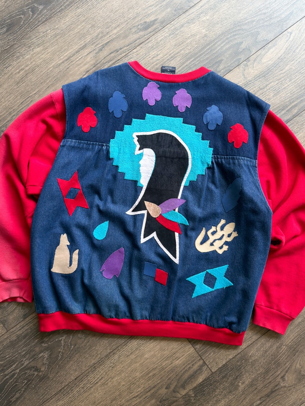 Women’s XL Denim Applique Sweatshirt Jacket Southwest Aztec Full Zip Vintage 90s - Picture 4 of 9